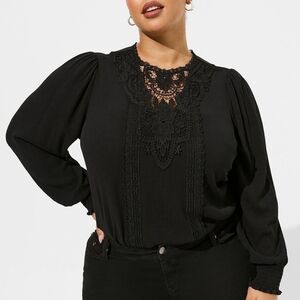 Washable Crinkle Gauze Crochet Yoke Blouson Sleeve Top